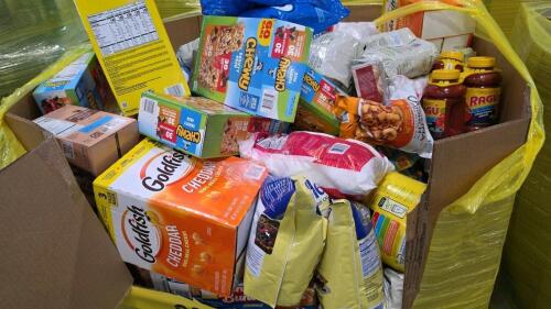 Big box store in a box: goldfish, Ragu, olive oil, granola bars, coffee, cup of noodles, Oreo pieces, cereal, powdered sugar, an IDO, coffee mate, chili seasoning, yeast, Catalina crunch, and much more