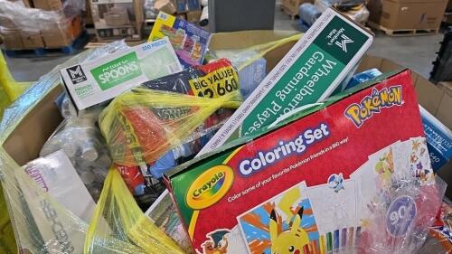 Big box store in a box: golf club, wheelbarrow, crest white strips, Ziploc, cups, Crayola set, weights, balloon garland, flushable wipes, scooter, underwear, soap, clothing, costume, Febreze, and much more