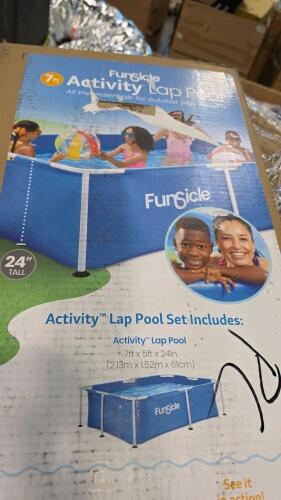 funsicle activity lap pool, dining chairs, outdoor chairs, brush cutter