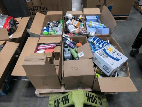 Six boxes of miscellaneous goods including happy aging, Hyundai gear oil, liquid nails, hair and body mist, wipes, rose spray, active device, American crew, Febreze, soap Jurgens, Clorox wipes, & More