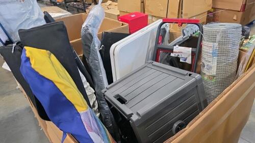 Welded wire fence, hose rail, umbrella, flagpole, folding table, Dolly & More