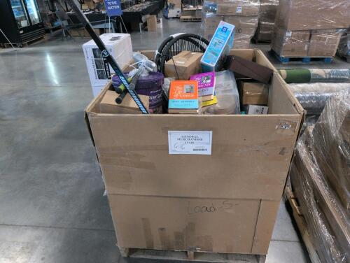 Chair, reef salt, golf cubs, hose, books, golf balls, pool floats, hockey stick, coin box and more