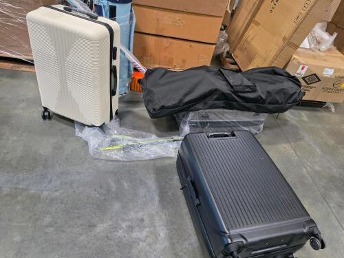 Vizio soundbar, fishing poles, luggage, golf bags, golf clubs, patriot golf, RC excavator