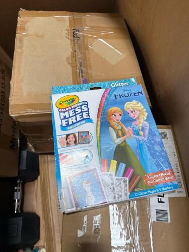 Weight, frozen Crayola notebook, gloves, WUJR, cat box, and
