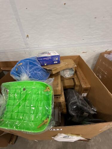 Pictures, swings, grill table, gas stove, red sleeping bag, hangers, deck boxes, and more