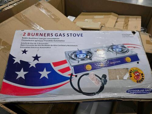 Two burner gas stove, cat litter box, massager, deck box, pillow cushion, & More