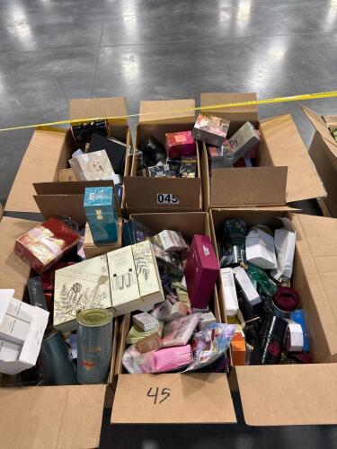 Six boxes of health and beauty products: cologne/perfumes not believed to be authentic, collagen, samplers, HUDA beauty, NYC, the ordinary, KAYALI, Charlie Tate bath collection, Victoria's Secret, La Labo, Creed, Thomas Carter, good girl, & More