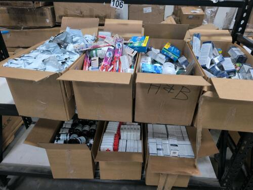 rolling rack of health and beauty, first aid kits, joint support, toothbrushes, Crest plus scope, cosmetics, mineral sunscreen, intervectin lotion, fiber supplement, and more