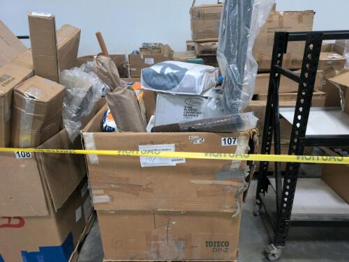 car bumper, pillows, mats, paper towels and other items