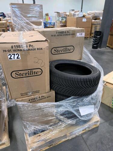 sterilite 70 quart ultra storage boxes (2) Michelin 235/45r18 tires and one eagle all season 2:45/ 40ZR 20 tire