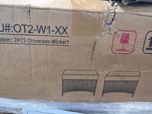 Frozen yogurt cups, ottoman, the container store rolling power cart, miscellaneous furniture, metal bedframe, and
