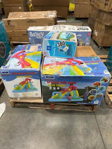 splash and slides, outdoor wooden mud kitchen, family pool, pink event bounce house