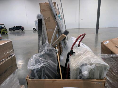 Brooms, dolly, cushions, storage tote, shelving, brake rotor, & More