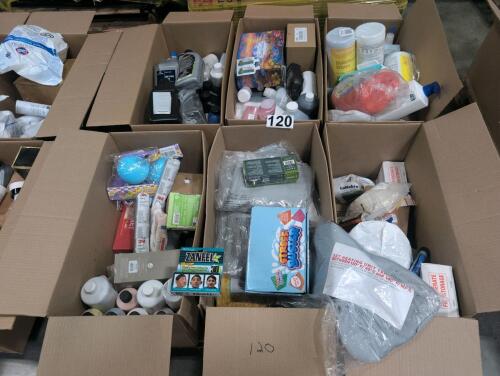 Misc boxes of goods: paint, oil, head and shoulders, candles, Krazy cubes, tides, hydra heat, and more