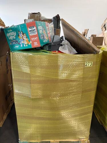 Big box to box: pampers, tide, temptations, clothing, hair mask, diaper genie, Adidas shoes, soap, cowboy cooler, tide Evo,