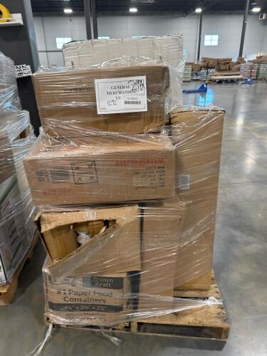 Clear plastic salad bowl, miscellaneous furniture, Sam's Club chair, paper food containers, garbage bags, office chair, & More