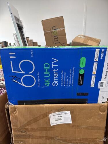 On Roku TV 65 inch not tested condition unknown, rolled material, wall mounted gazebo piece, mattress, automotive part, blinds, & More