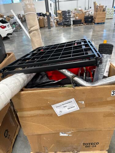 muffler, foot mat, red bin, PVC item, rolled rug, and more