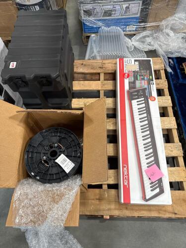 Gator Pro series case, keyboard by Emmy yellow DICS, and 1000 ft digital DMX One PR snake cable on spool