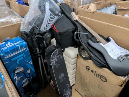 kids golf set, skateboards, outdoor chair, electric guitar, luggage and tennis rackets