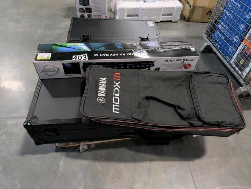 Pro. X live performance gear black on black gig ready folding DJ booth table light case, adj. Ultra HEX bar, Yamaha case and black case