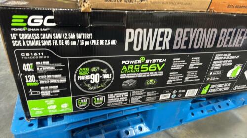Ego 16" chainsaw, chair, single countertop induction range, awesome bags, auto parts, basins and more