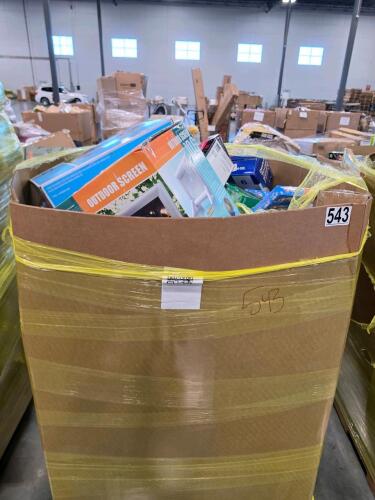 Big box store in the box: always pads, crest kids toothpaste, old spice, aluminum foil sheets, inflatable outdoor screen, garbage bags, finish, Skechers, Clorox, Dallas Cowboys product, giant snake, soap, cups, and more