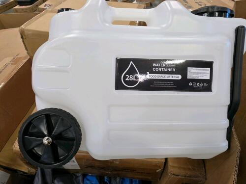 Multiple deck boxes, camping gear, water container and