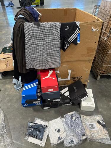 Some nicer clothing: puma, Adidas, combat iron, ARIAT, Carhartt, Monopoly jacket, the Northface, jersey, ALO sweatshirt some appear dirty, harden volume nine shoes, Bob Marley Adidas, spray ground, MACKAGE, KUT, Thursday, MIZZEN + main, Watson common proj