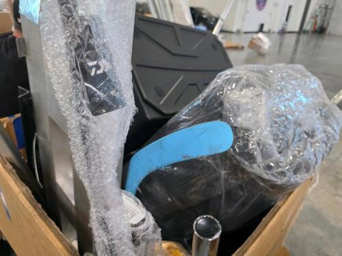 aluminum ramp, plastic totes, weight bars, hockey stick and more