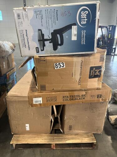 Swivel counter stool, office mesh chair, Serta chair, storage bins, and