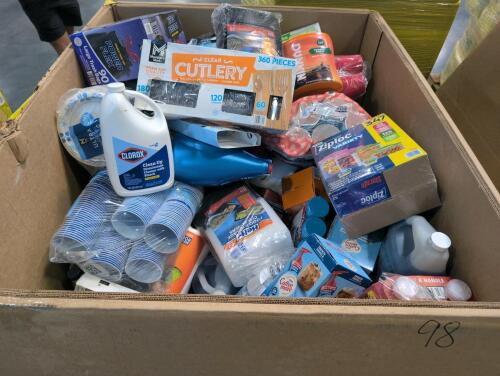 Big box store in a box, Clorox, drano coffee, swiffer pads, coffee meat, tide pods, food containers, magic eraser, paper towels, candle liner, bounce, soap, and much more