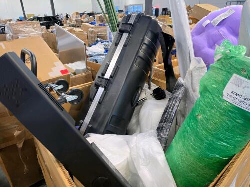 Buckets, shovels, handtruck, LG sound bar, weight bar, SKB hard travel case, garden STAKES, and