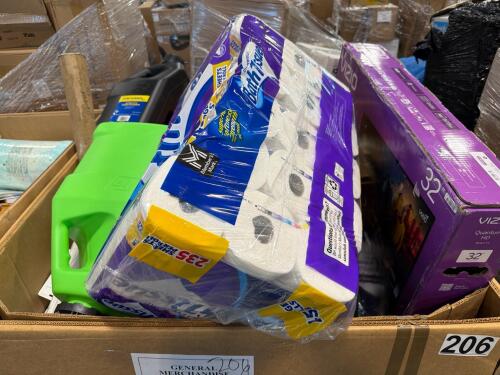 Toilet paper, large jugs, exam gloves, 32 inch Vizio TV, decorative pillow, LUVES, NORDACE bag, & More