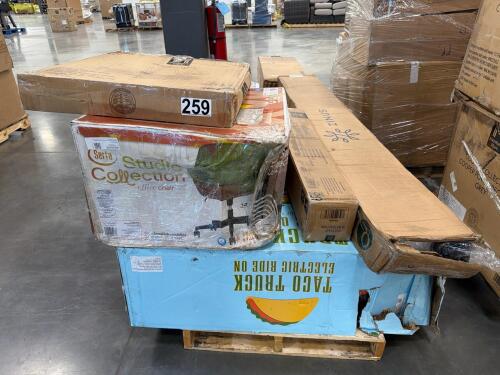 Taco Truck electric ride on, instant Sun shelter, beach chair tropical, chair on Wheels, microwave, 35-in barrel grill, shelving