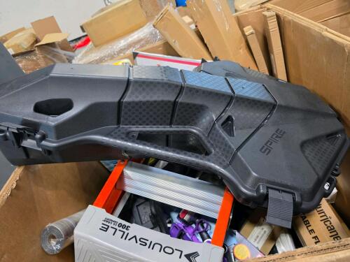 Kids toy, skimmer tube, tape, stepladder, NELLO, notebook, SPIRE crossbow case, fan, and more