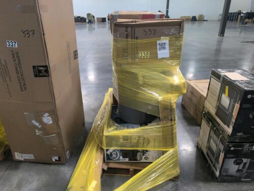 Garbage can, refrigerator potential customer return, SERTA office chair, and